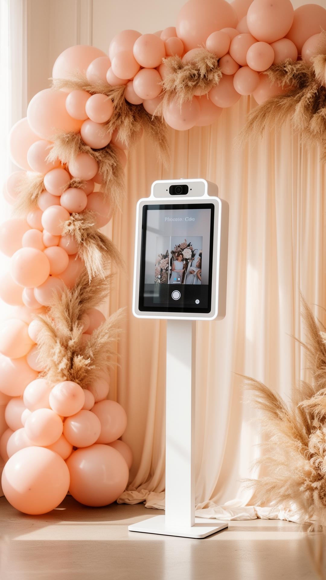 Moderne photobooth met blush ballonnenboog en pampasgras